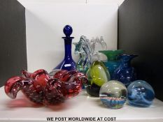 A collection of Mdina and other glassware to include vases, paperweights,