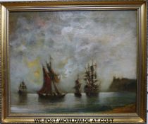 Dennis Randall (20thC): Oil on canvas of four ships at anchor,