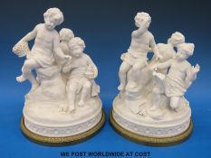 A pair of 19thC possibly Sevres French bisque figural groups set on cast metal bases (H24cm)