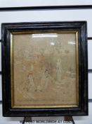 A 19thC embroidery by a member of the Barker of Bath family depicting children playing and with
