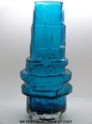 Geoffrey Baxter for Whitefriars kingfisher blue Hoop vase, 28.5cm tall.
