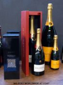 Six branded dummy boxes and champagne and whiskey bottles including Bollinger,