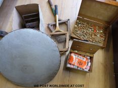 A quantity of collectables to include lace making cushion, Mah Jong set, apprentice chest,