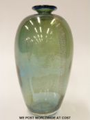 Peter Layton blue glass vase of bulbous form with flared rim decorated with bronze flecks (15.