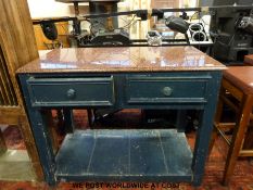 A two drawer marble topped buffet with undershelf