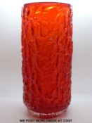 Geoffrey Baxter for Whitefriars ruby glass textured bark vase of cylindrical form raised on