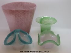 Four pieces of Nazeing and Vasart glass to include large pink Vasart vase of tapering form (16.