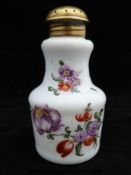 An 18thC South Staffordshire opaque white milk glass pounce pot decorated in enamel with floral