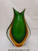 A Murano Sommerso glass vase of green and amber colouration (34 x 22cm)