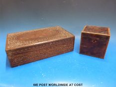 A carved wooden box together with a small inlaid Georgian caddy