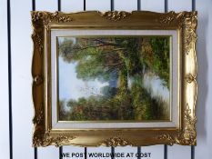 Peter Snell oil on canvas of a stream through woodland signed lower right in ornate gilt frame (39.