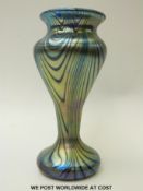 A probably Loetz Phanomen iridescent glass vase of waisted form with pinched neck decorated in