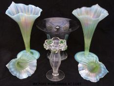 A pair of James Powell vaseline glass vases (H25cm) together with a matching pair of epergne vases
