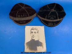 Two 19thC football caps for MAFC 1894-95 and Penarth FC 1892-93 with a photograph of the recipient