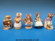 Five (BP3b) Beswick Beatrix Potter figures: Mrs Rabbit with babies, Hunca Munca Sweeping,