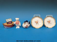 Three Royal Crown Derby paperweights together with two trinket dishes