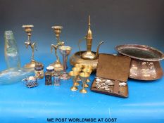 A hallmarked silver salt, pepper and mustard set together with spoon, copper,