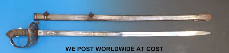 An 1827 pattern Rifles officer's sword in scabbard with very well engraved blade.