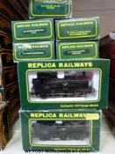 Replica Railways 00 gauge carriages together with two tank locomotives,