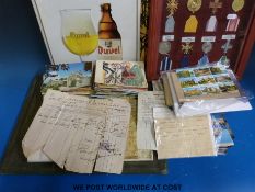 A quantity of postcards, framed medal display, maps London and North Western,