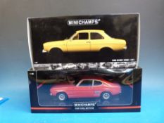 Two Minichamps 1:18 scale diecast model vehicles Ford Escort 1 Street 1971 and Ford Capri RS 1970