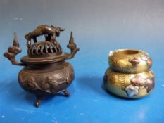 A 20thC Chinese millefiori cloisonné plate together with a bronze Japanese koro and a brass