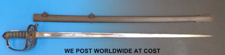 An 1892 pattern officer's sword, the blade with GR cypher for Royal Irish Rangers,