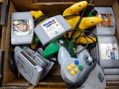 A quantity of Nintendo 64 games and controllers including Goldeneye