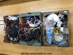 Three boxes of hi-fi leads and accessories including Nakamichi cables,