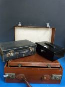 Three vintage leather cases and a metal secure box (19 x42cm)