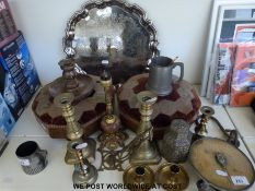 A quantity of brass ware etc to include scales, candlesticks etc,