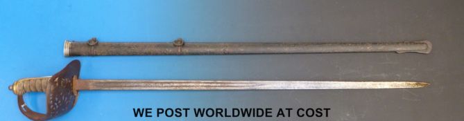 An 1897 pattern infantry officer's sword, replacement grip, in scabbard.
