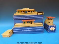Four Hornby Dublo 00 gauge D1 buildings, two stations, platform and a signal cabin,