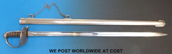 An 1889 pattern Sergeant NCO's sword in metal scabbard with chain hanger,