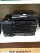 Toshiba midi-stacking music system with turntable deck and JVC speakers.