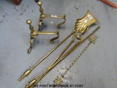 Brass companion set and dogs.