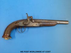 A percussion belt pistol with engraved barrel and hammer, silver wire inlay,