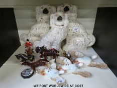 A quantity of ceramics to include Beswick flying partridges, Staffordshire dogs, horses etc.