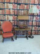 Two oak tables, Ercol rocking chair and an oak barley twist standard lamp.