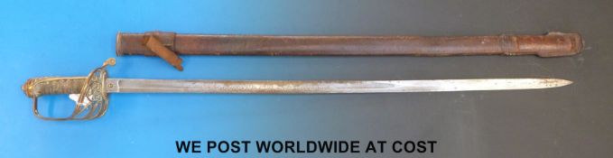 An 1845 pattern infantry officer's sword in leather scabbard, marked Henry Wilkinson,