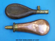 A Sykes copper brass mounted powder flask and a similar leather shot flask