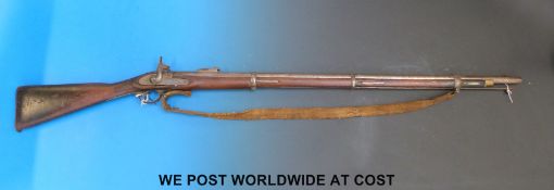 Enfield three band muzzle loading hammer action rifle stamped to the lock with crown over VR and