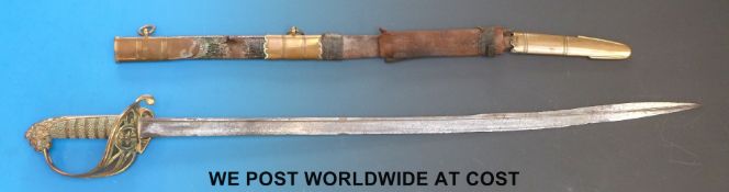 An 1827 pattern naval officer's sword with inscription to locket and quill point blade.