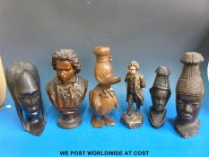 A carved treen figure of Donald Duck, mahogany box,