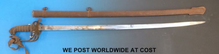 An 1845 pattern infantry officer's sword in scabbard with fold down guard.