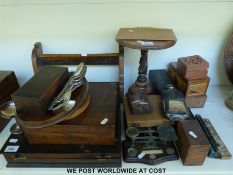 A book trough, a pedestal stand, treen boxes, Elkington canteen and cutlery, cut throat razors,