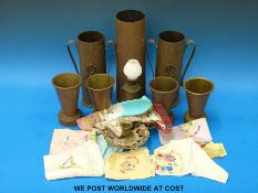 WWI silk embroidered handkerchiefs including Royal Engineers, Royal Air Force, trench art vases,