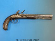 Woeden flintlock dueling pistol with steel mounts, engraved steel trigger guard, wooden ramrod,