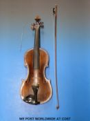 A 19thC violin labelled Nicolo Hieron Amati, inlaid purfling to table, 35.