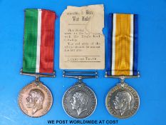 A WWI family medal group comprising 1914 -18 war medal and 1914 -18 Mercantile Marine medal awarded